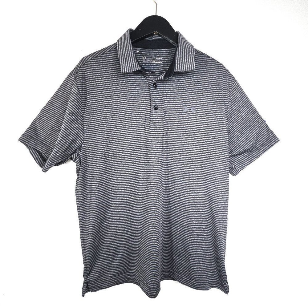 Under Armour Black Gray Striped Loose Fit HeatGear Golf Shirt